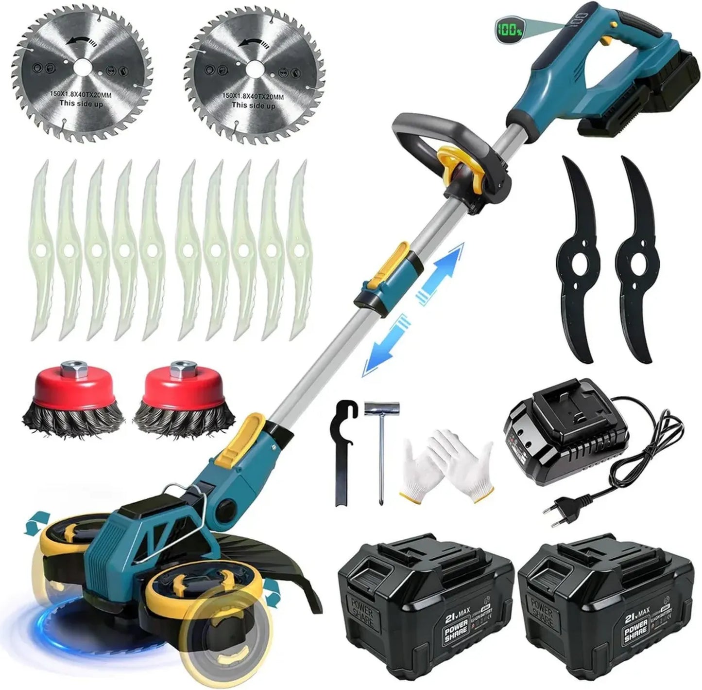 Taille-bordures Électrique sans Fil 21V, 4 en 1 avec Batteries 4.0Ah et Lames Multiples, Moteur Brushless, Roues Incluses, Bleu