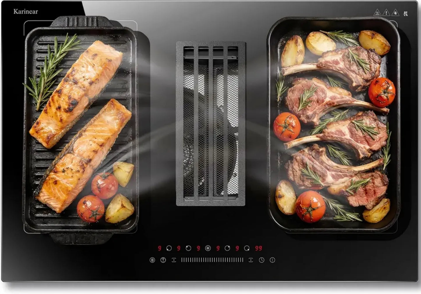 Plaque à Induction 4 Zones avec Hotte Intégrée, 77CM, Double Zone Flexible, Boost, Sécurité Enfant, 6400W