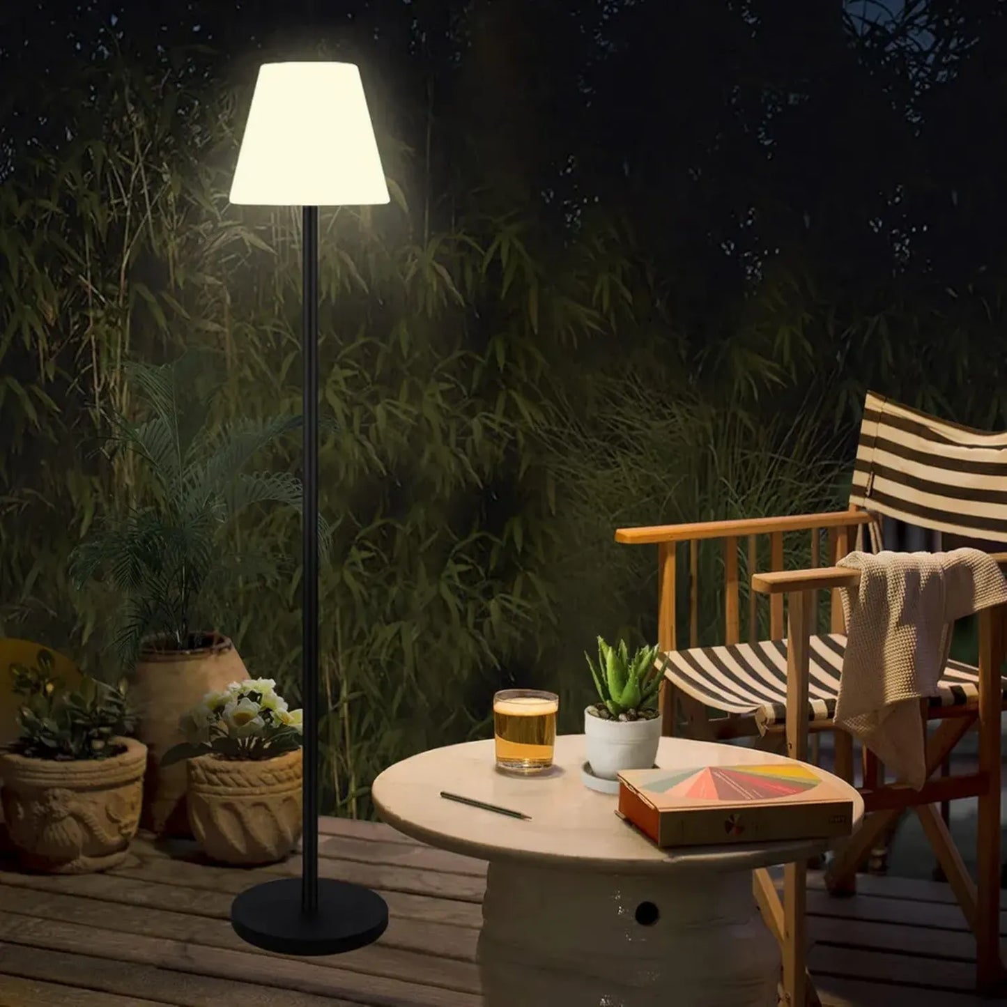 Lampadaire Solaire Extérieur LED avec Capteur de Lumière, Intensité Ajustable, RGB et Blanc Chaud, Recharge USB, Lampe Sans Fil pour Terrasse et Jardin