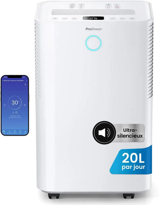 Déshumidificateur Intelligent Pro Breeze 20L/Jour, Réservoir 4L, Séchage du Linge & Capteur Automatique